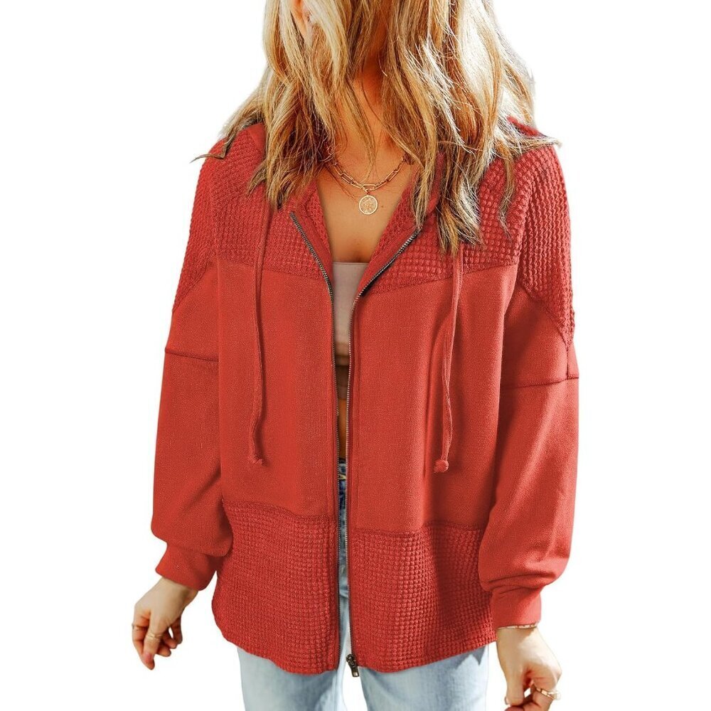 Waffle Knit Hoodie Women Zip Up Fall Casual Jacket Medium